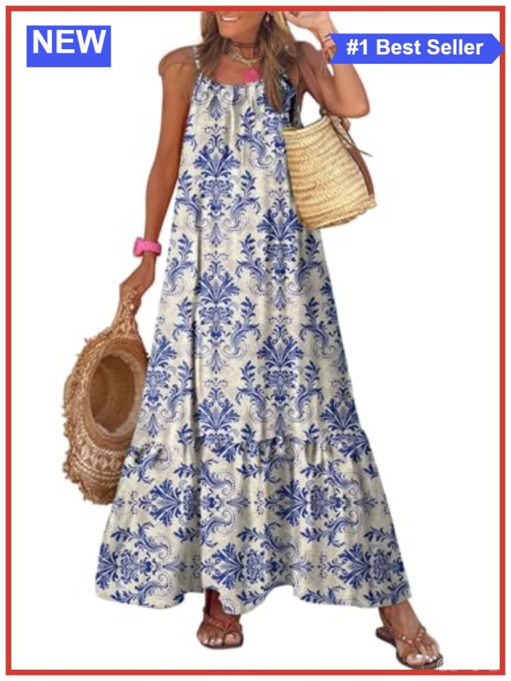 Flowy Boho Maxi Dress Scoop Neck Sleeveless Ruffle Hem Summer